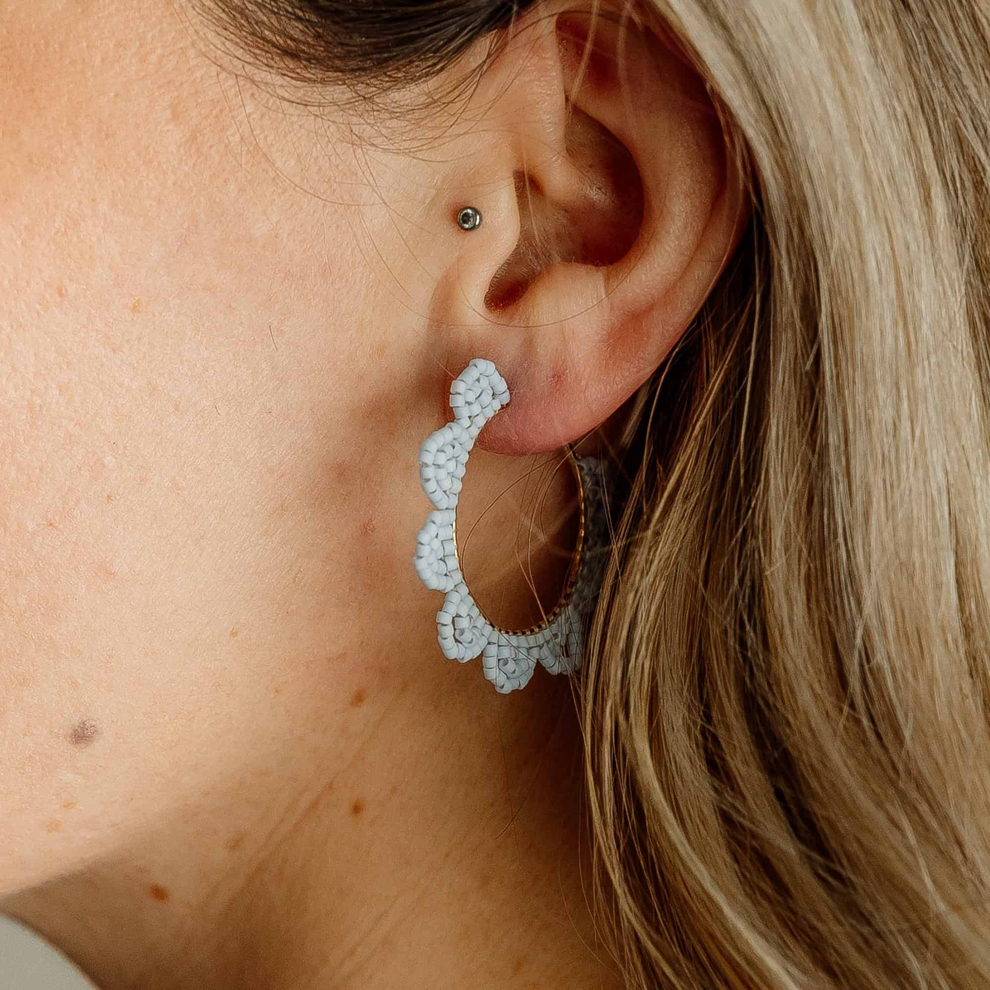 Sky Blue Daisy Beaded Hoop Earrings